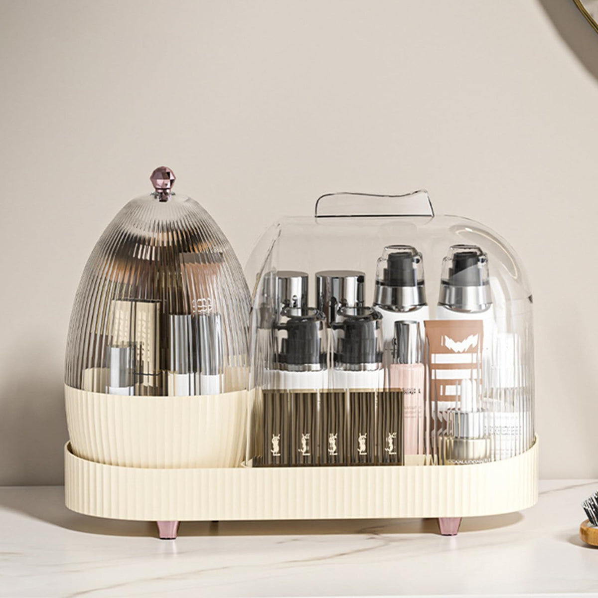Rotating Makeup Organizer with Brush Holder - Vanity Storage with Dust Cover