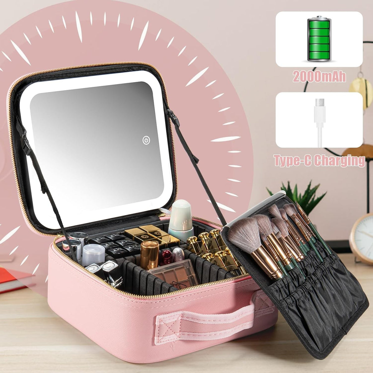 Travel Makeup Case with LED Light Mirror and Adjustable Brightness