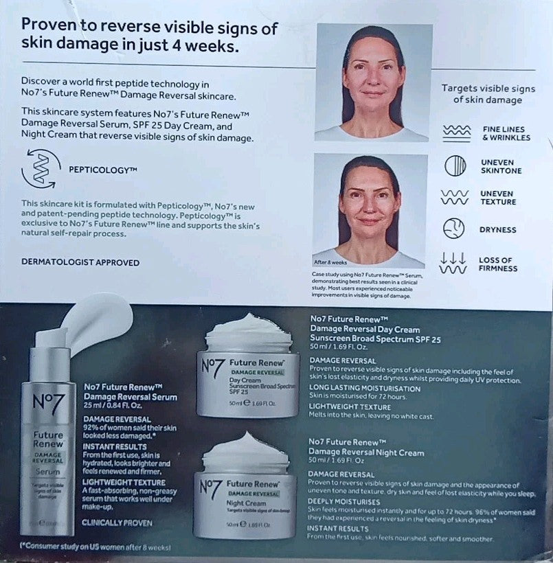 No7 Future Skin Damage Reversal System Kit - Night & Day Cream, Serum, Sunscreen