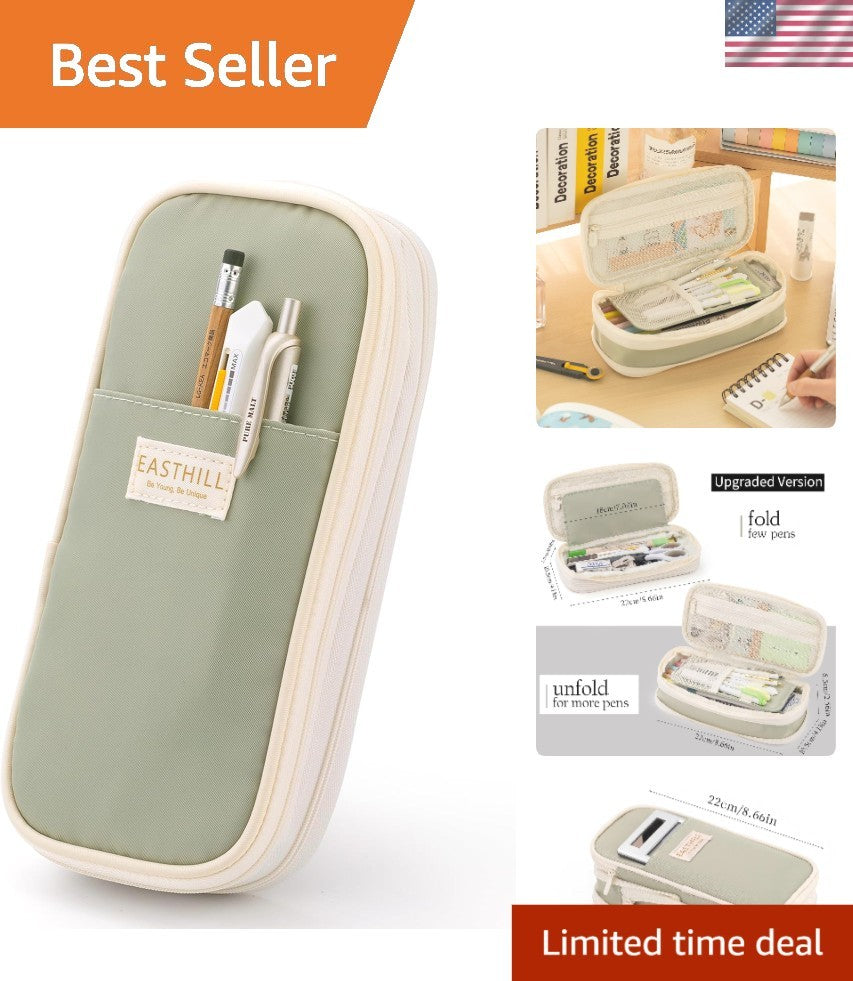 Large Capacity Green Pencil Case for Teen Girls - School & Art Supplies Organizer