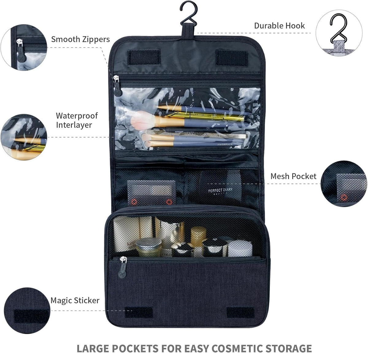 Large Waterproof Travel Toiletry Bag with Hanging Hook for Men & Women