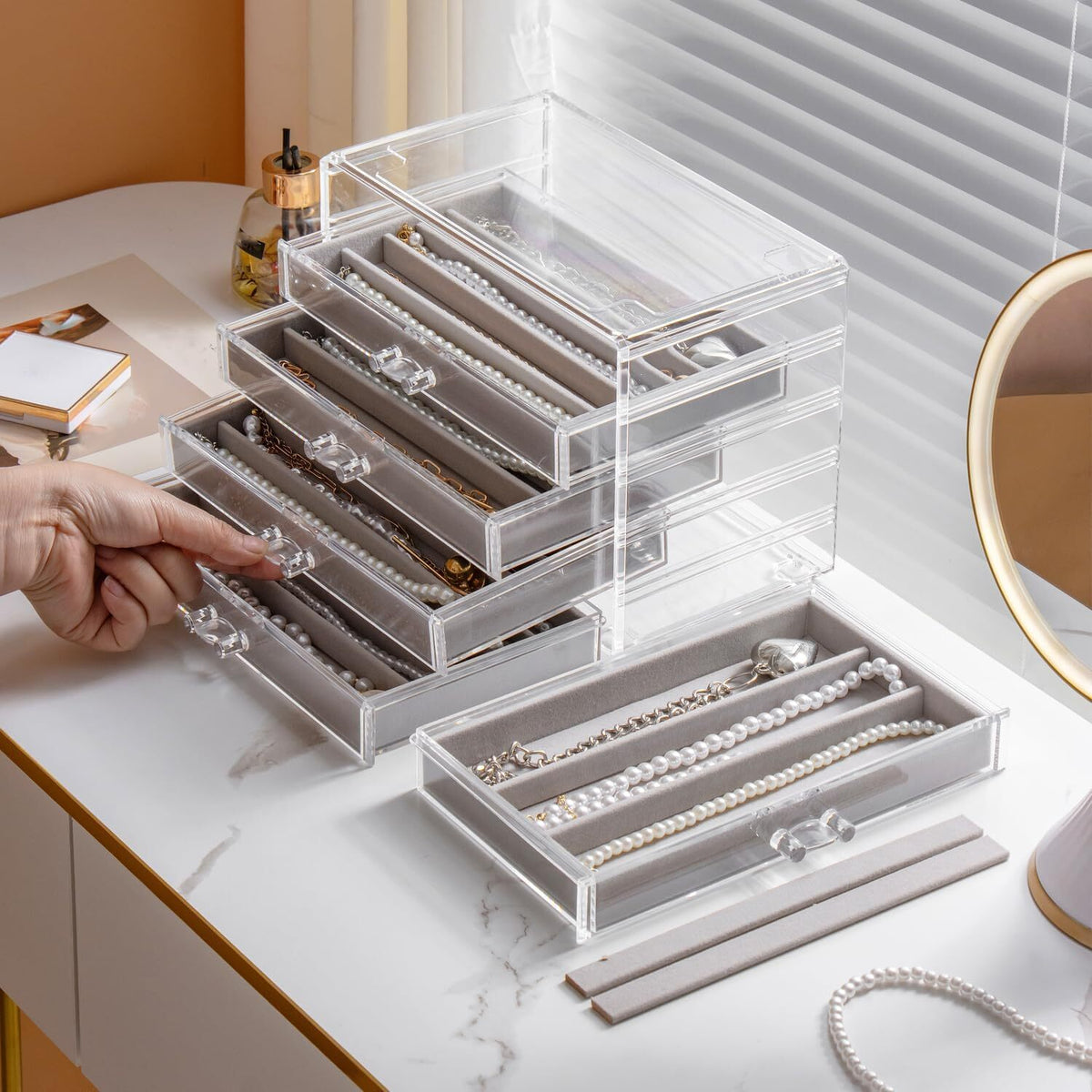 Jewelry Necklace Organizer Box with 5 Dustproof Velvet Drawers - Gray