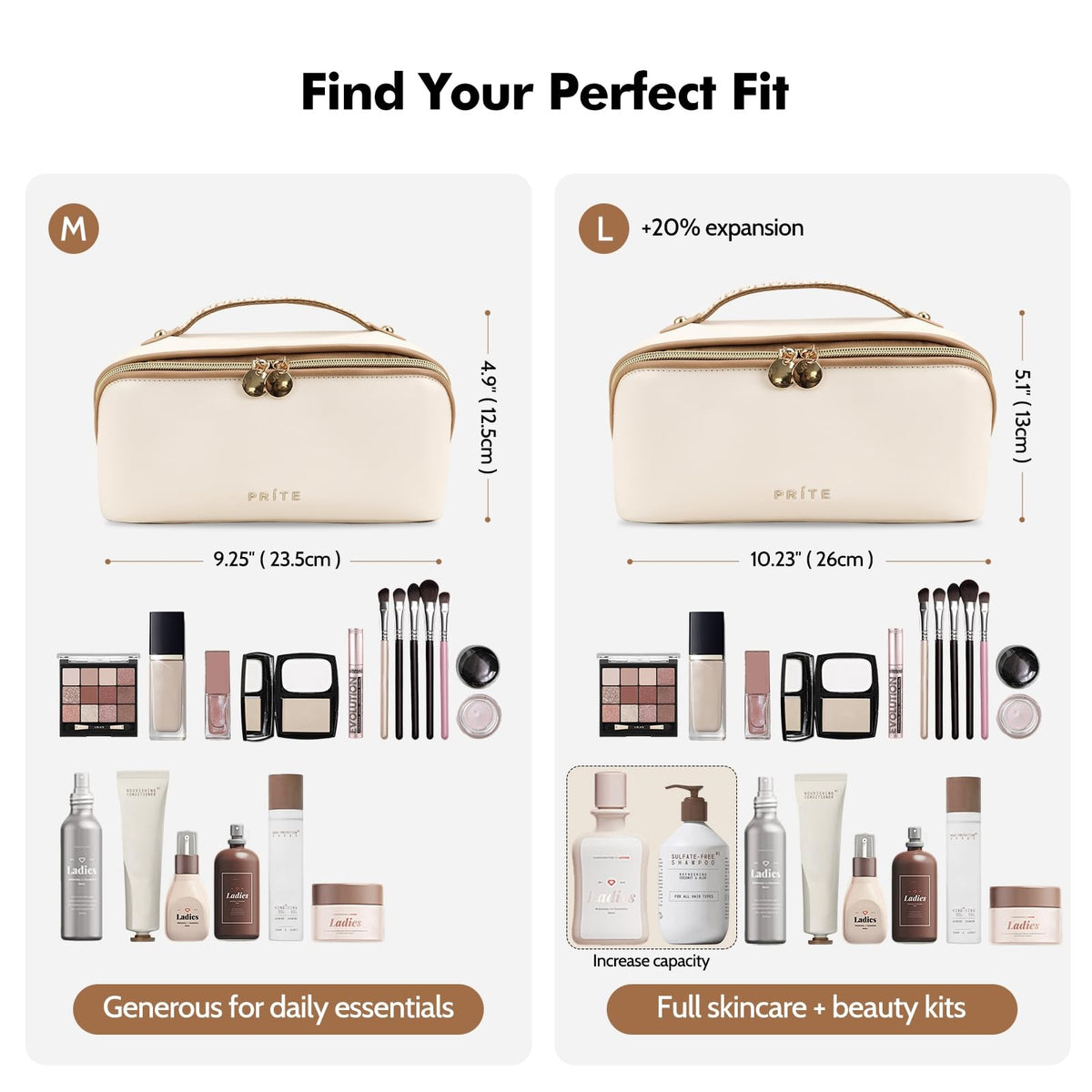 Waterproof Vegan Leather Makeup Bag for Women Travel Medium Beige
