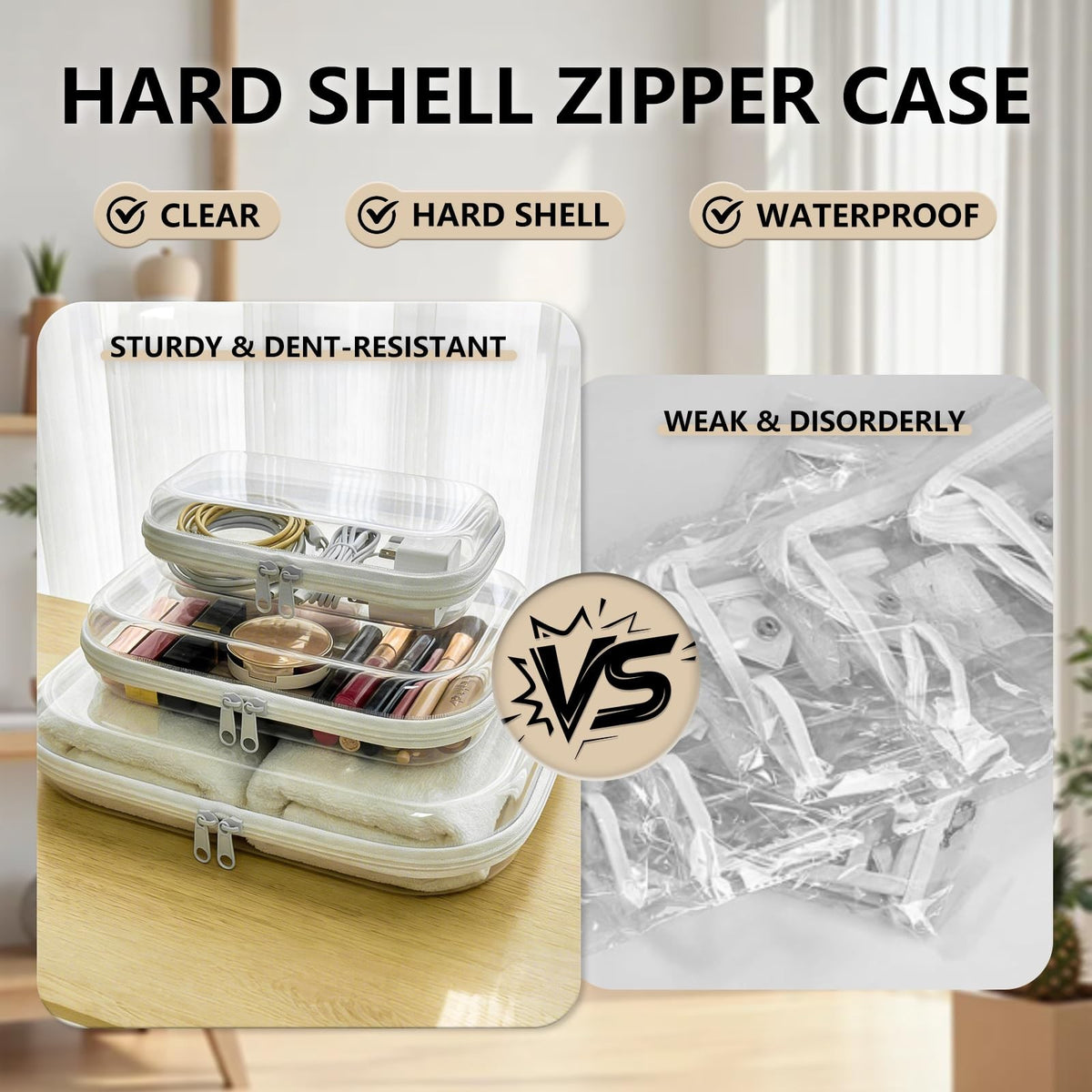 Clear Hard Shell Zipper Organizer Cases Set - Multi-Size Storage Kit
