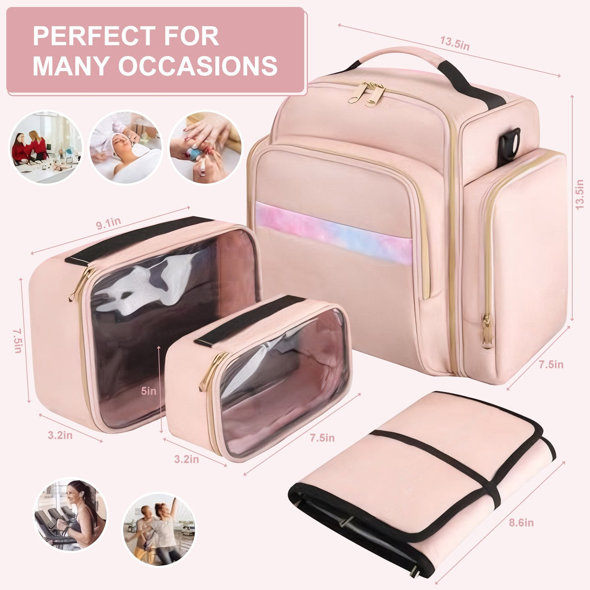 Large Travel Makeup Organizer Bag with 2 Removable Cases - Pink