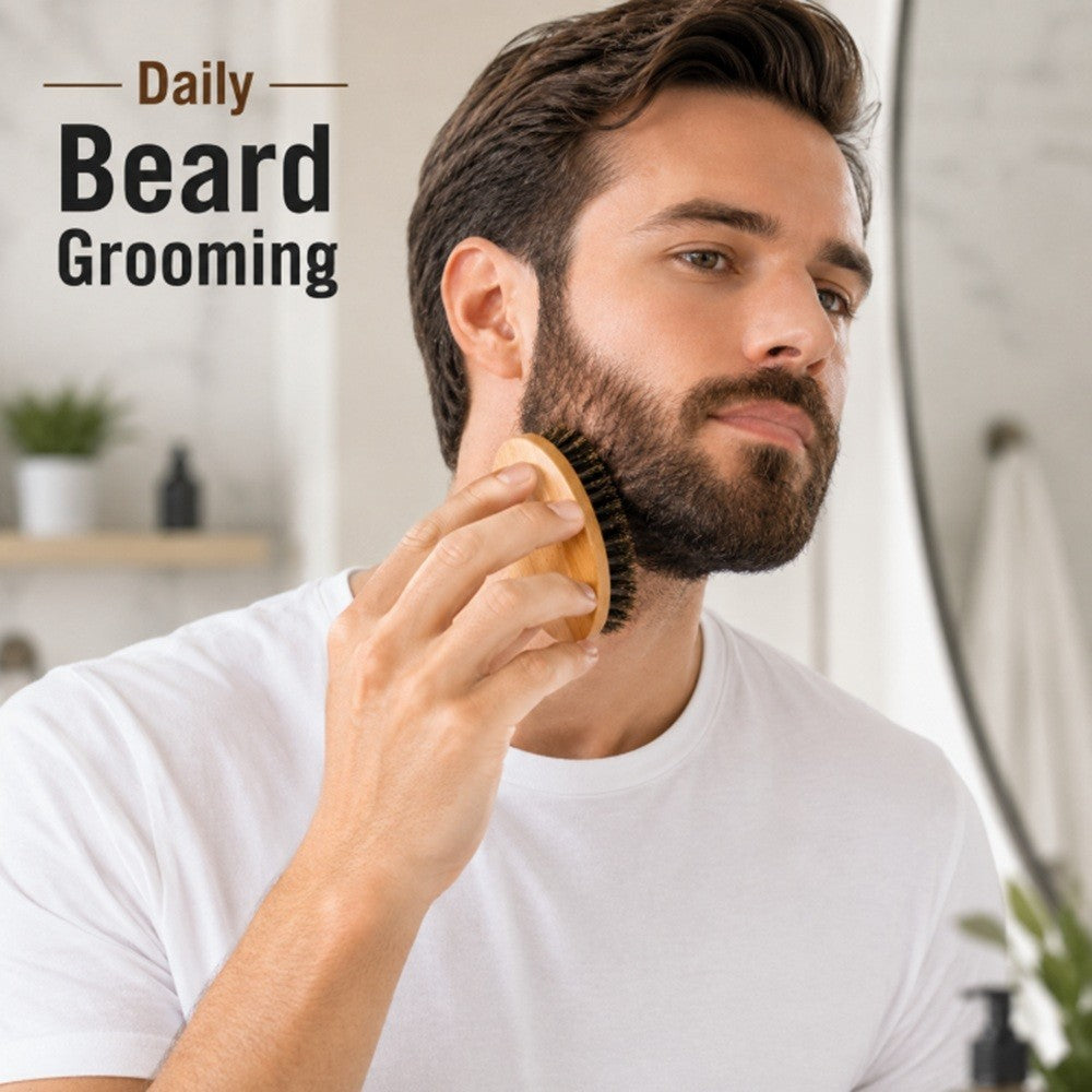 Men's Boar Bristle Beard & Mustache Brush with Wooden Handle - Travel Size Grooming Tool