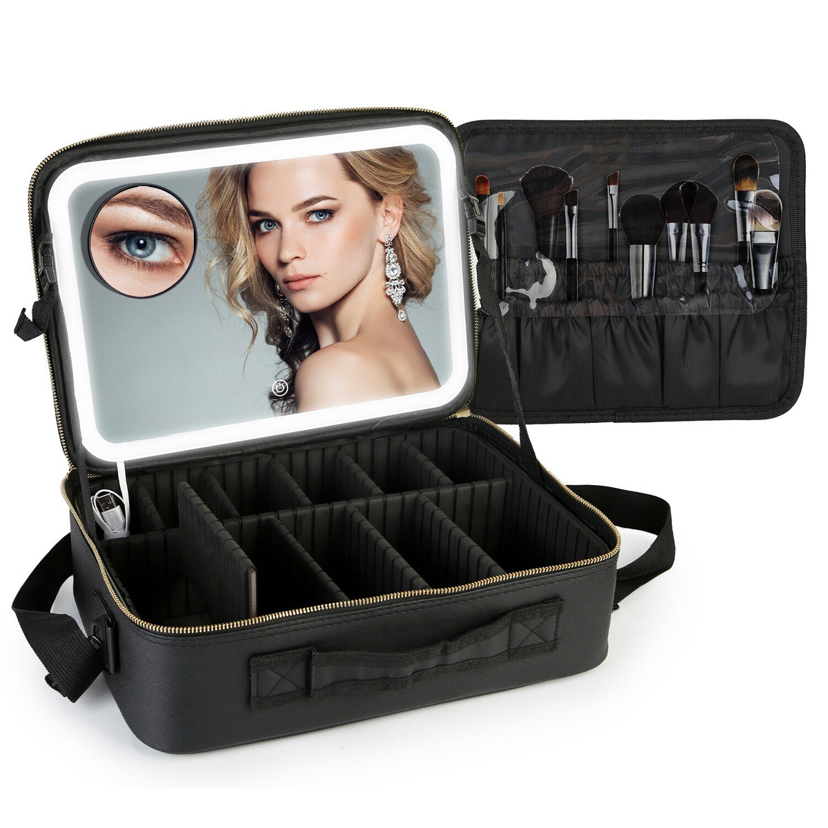 Travel Makeup Bag with LED Mirror and Adjustable Compartments Organizer