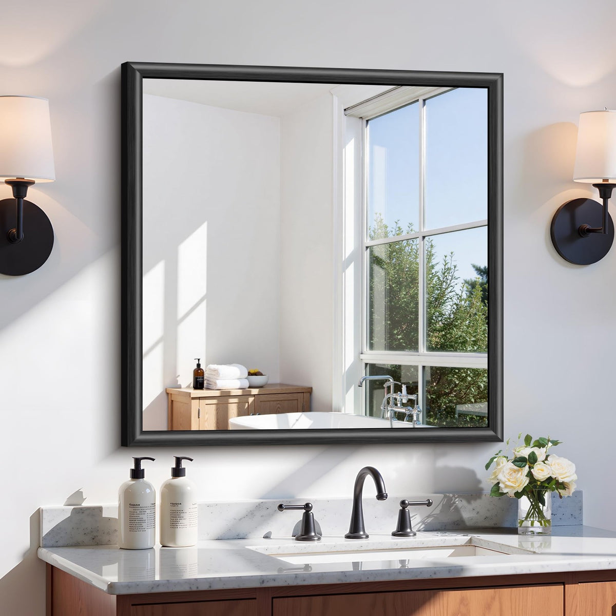 30x30 Black Framed Bathroom Mirror - Modern Raised Metal Wall Mirror