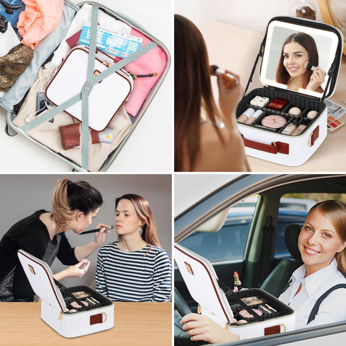 Travel Makeup Bag with LED Lighted Mirror, Adjustable Compartments, Waterproof Leather