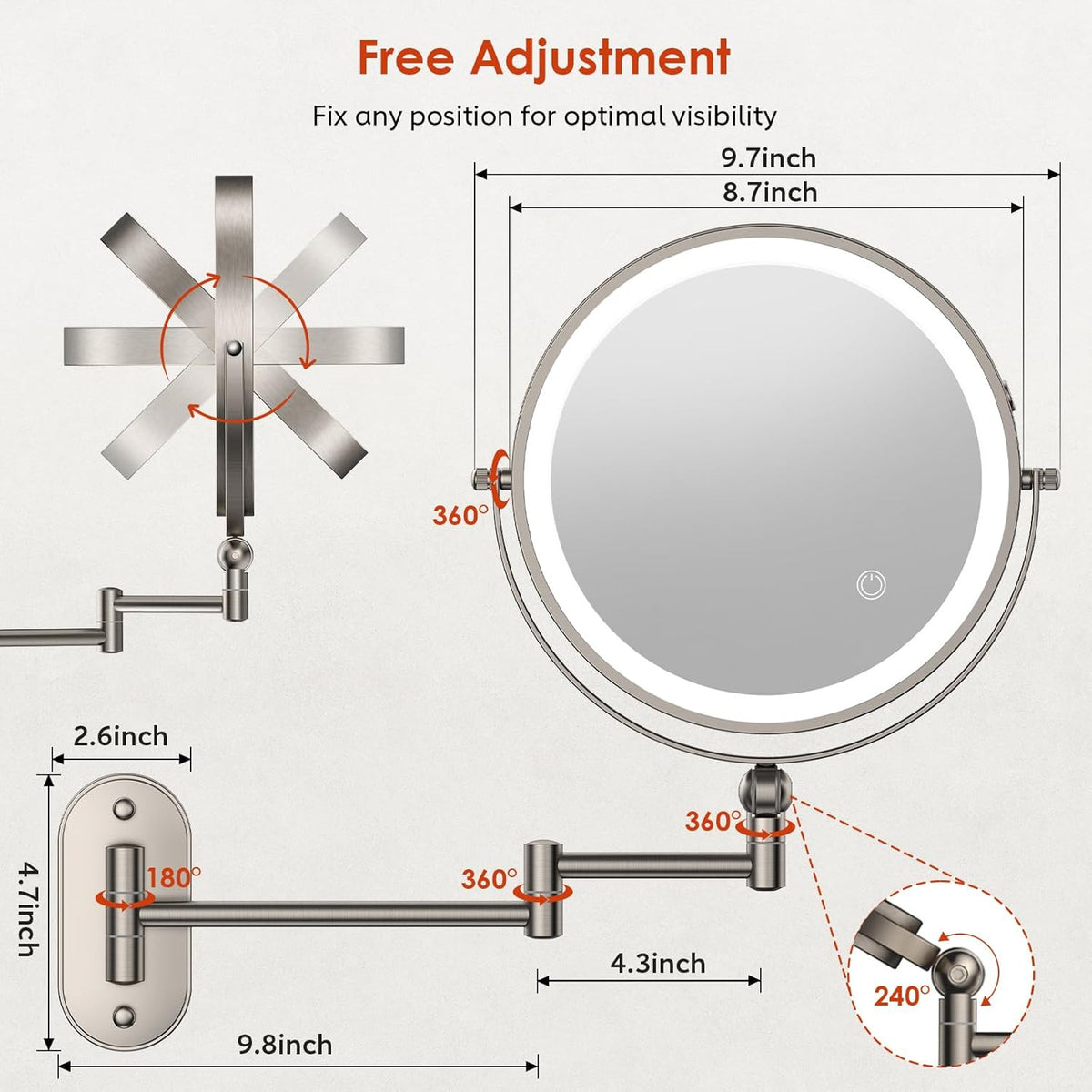 Wall Mounted Lighted Makeup Mirror 4000mAh Rechargeable 1X/20X Magnification