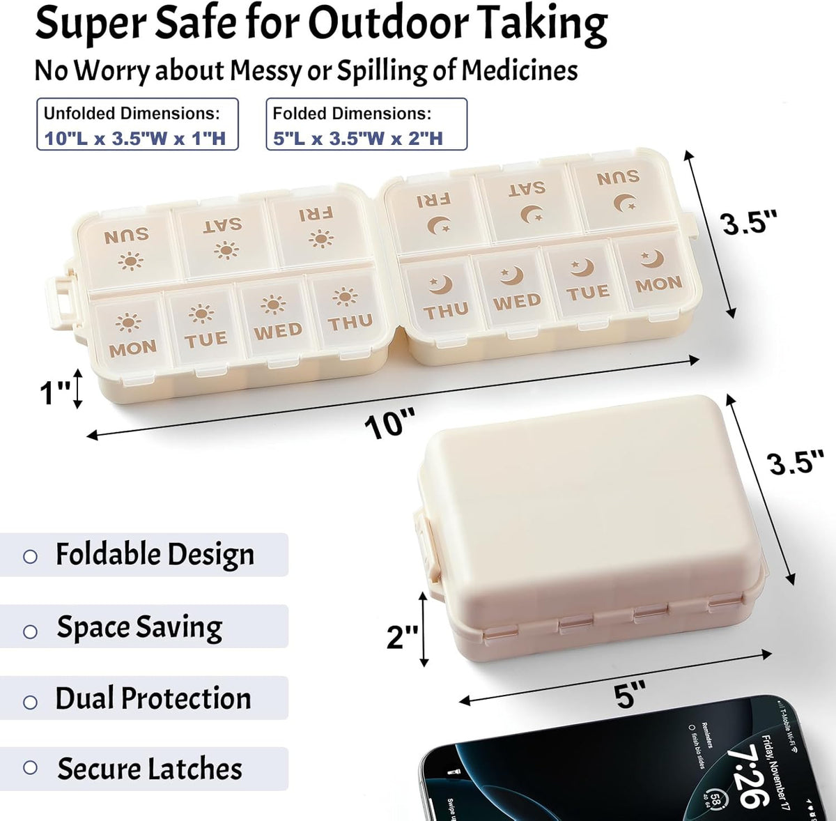 Foldable Weekly Pill Organizer with Etched Labels, 2 Doses a Day, Portable & Safe