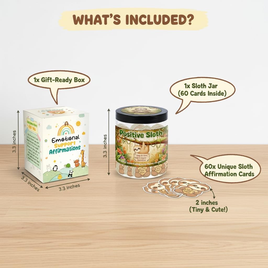 Positive Sloth Affirmation Jar with 60 Stress Relief Cards - Emotional Support Gift