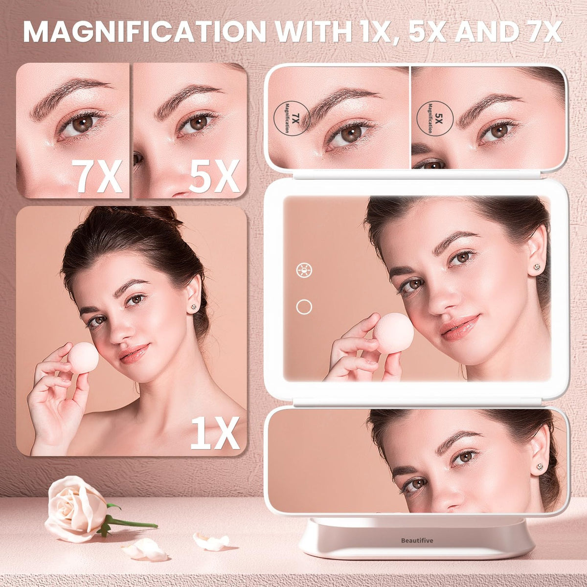 Rechargeable Lighted Makeup Mirror with 7X/5X/1X Magnification and Portable Trifold Design