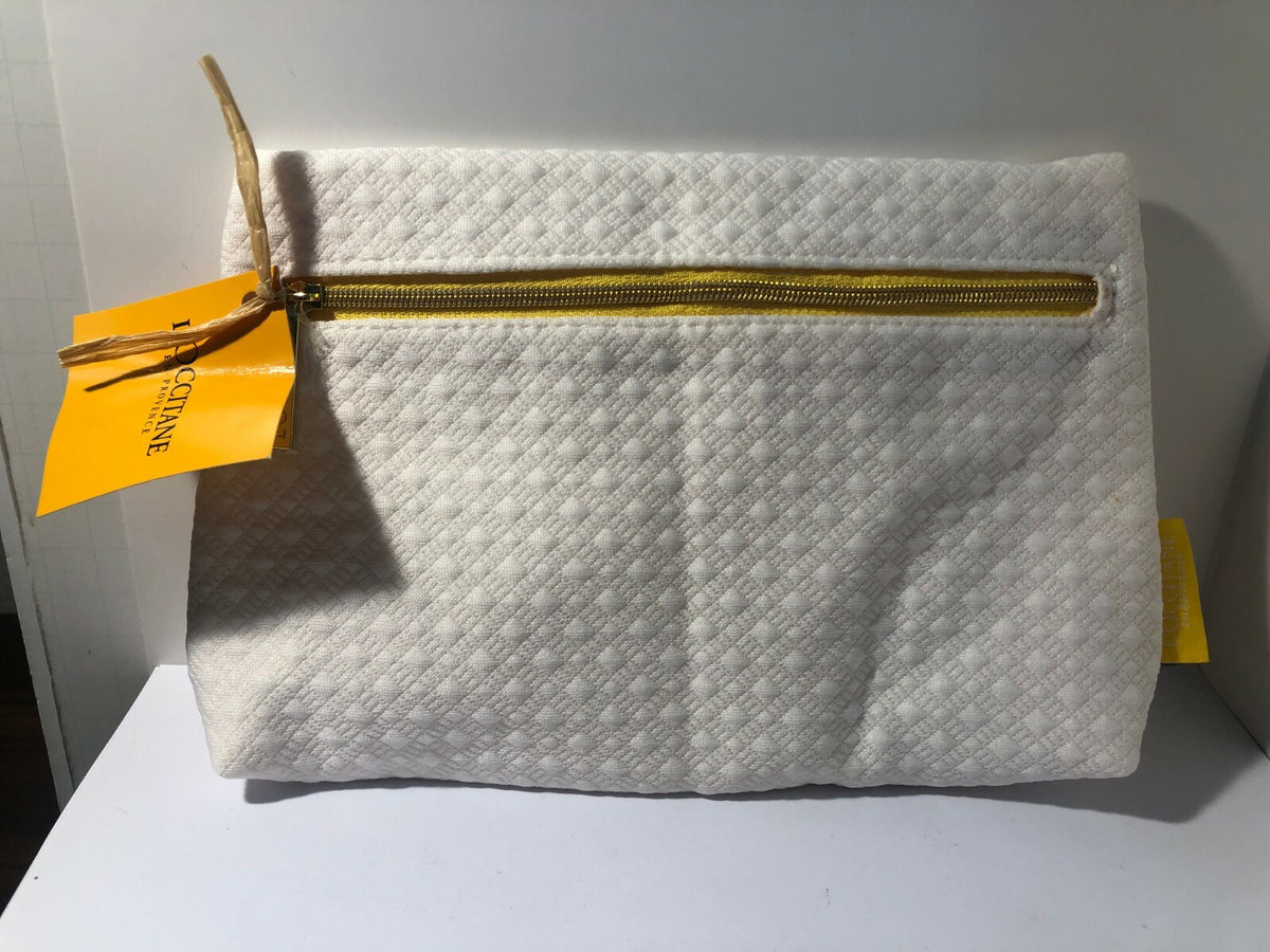 White Quilted Cosmetic Make-Up Bag - L'Occitane Cloth Travel Pouch