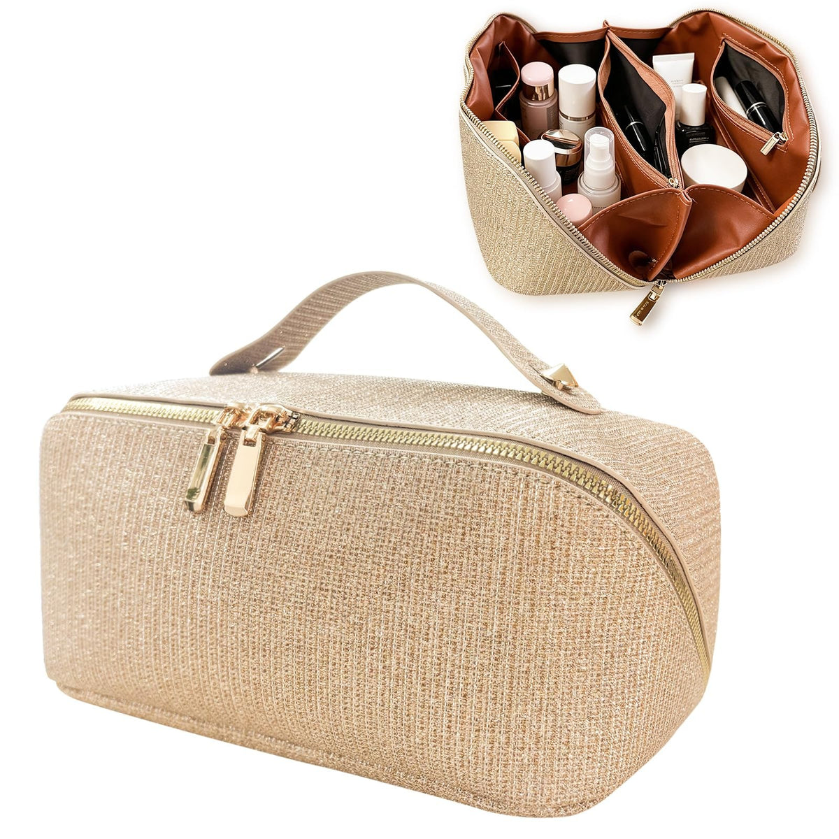 Travel Makeup Bag with Compartments Flat Open Cosmetic Pouch for Women