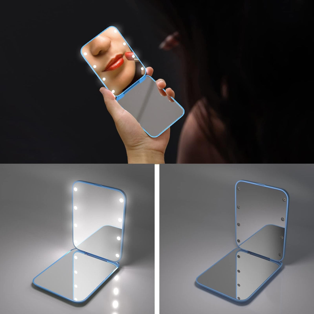 LED Compact Travel Makeup Mirror with 1X/3X Magnification & Light - Blue
