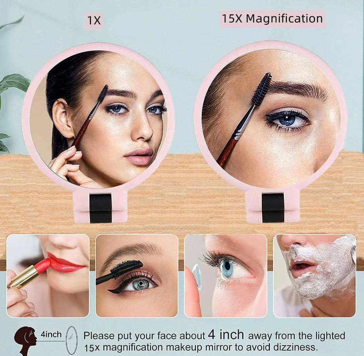 15X Magnifying Handheld Travel Mirror with Handle - Double Sided Folding