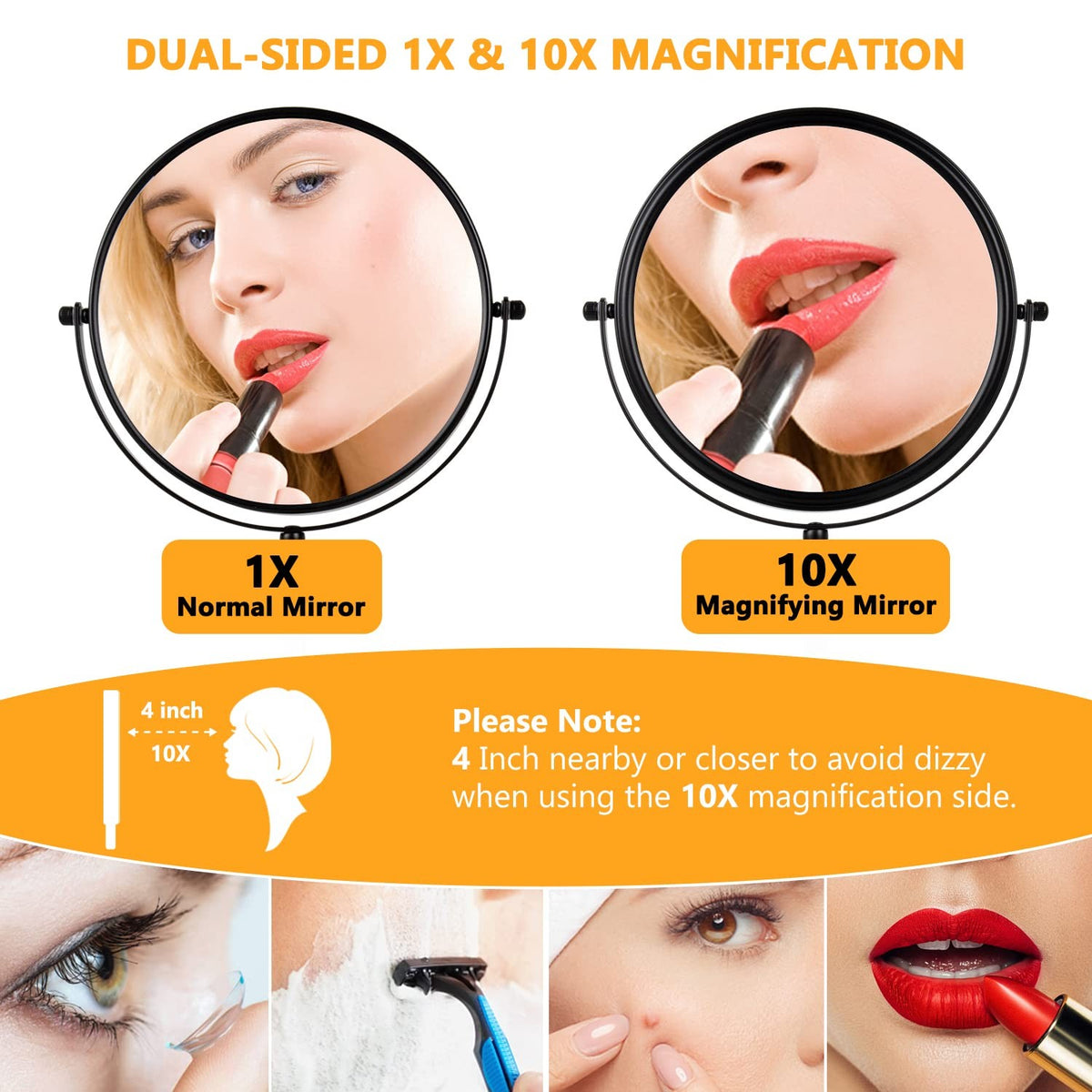 10x Magnifying Tabletop Makeup Mirror - 8 Inch Black, 360° Swivel