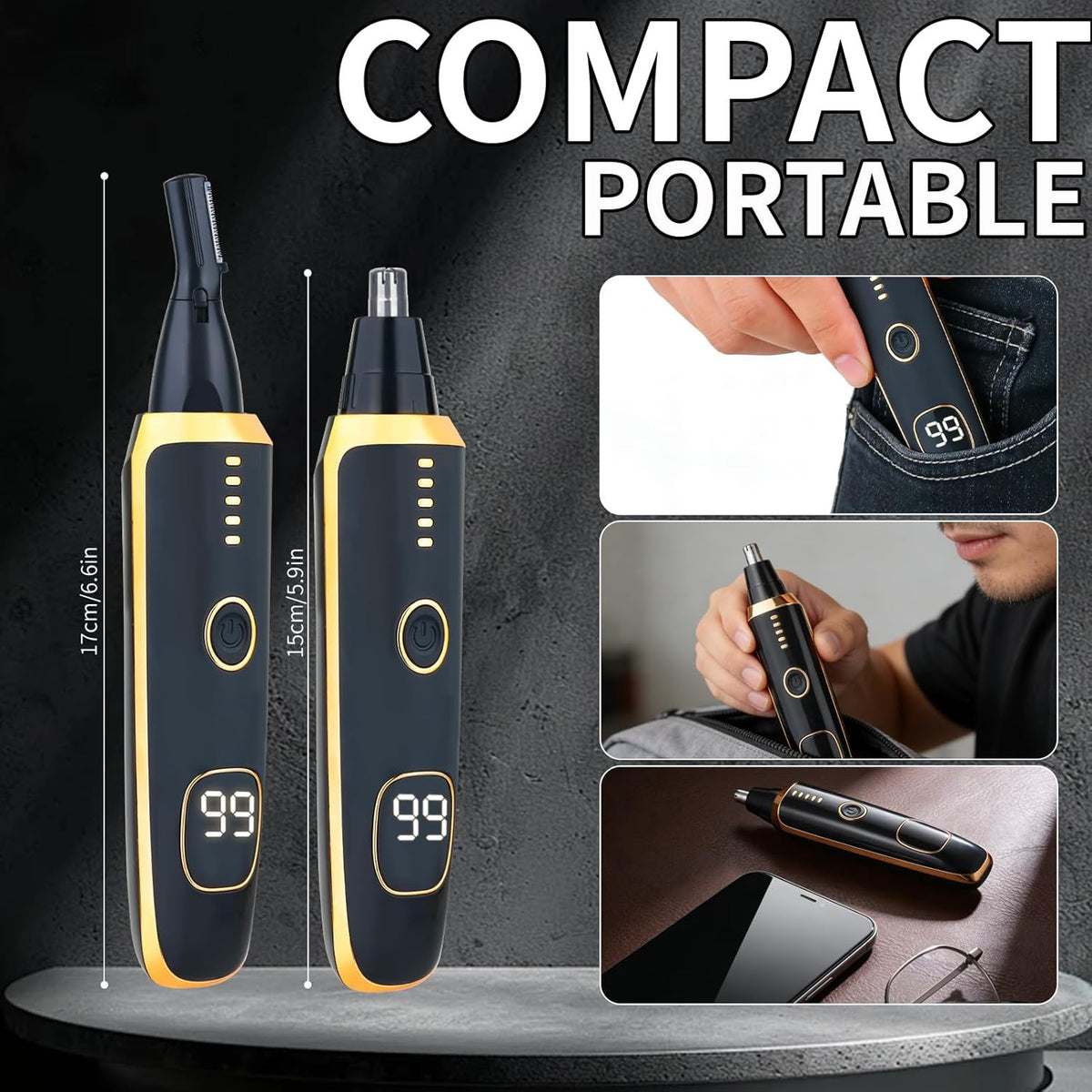 Rechargeable LED Display Nose & Ear Hair Trimmer for Men Women