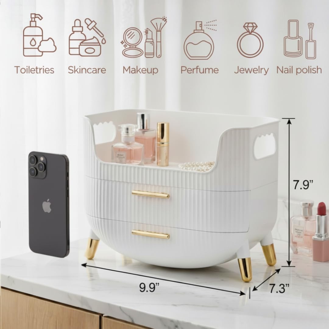 Makeup Organizer with Drawers - Skincare Storage Box for Vanity, White