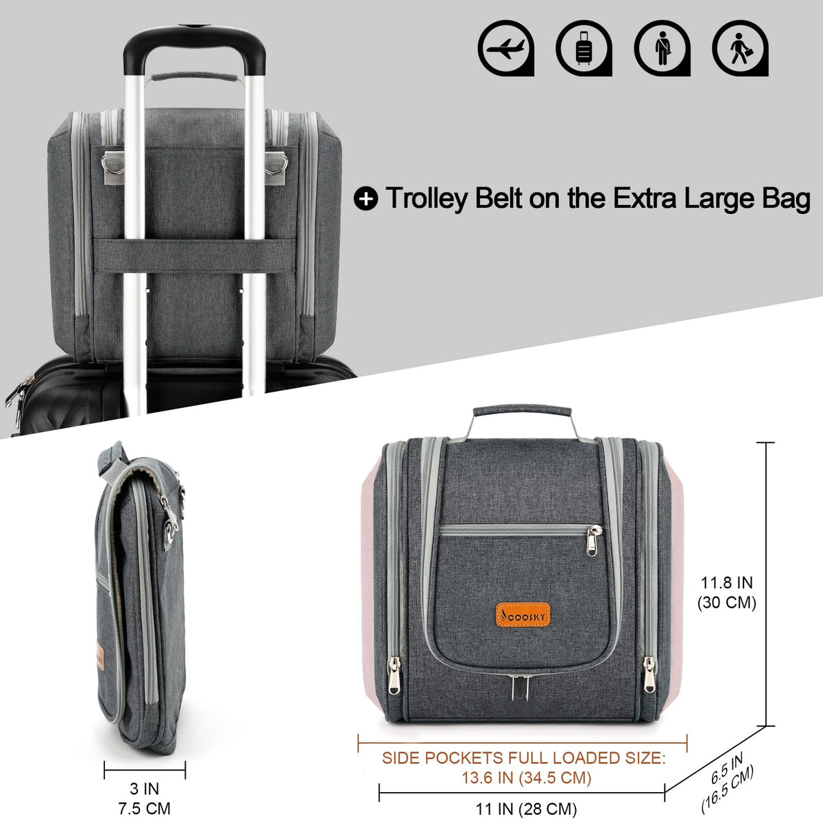 Travel Hanging Toiletry Bag for Women & Men Wet Dry Separation Grey