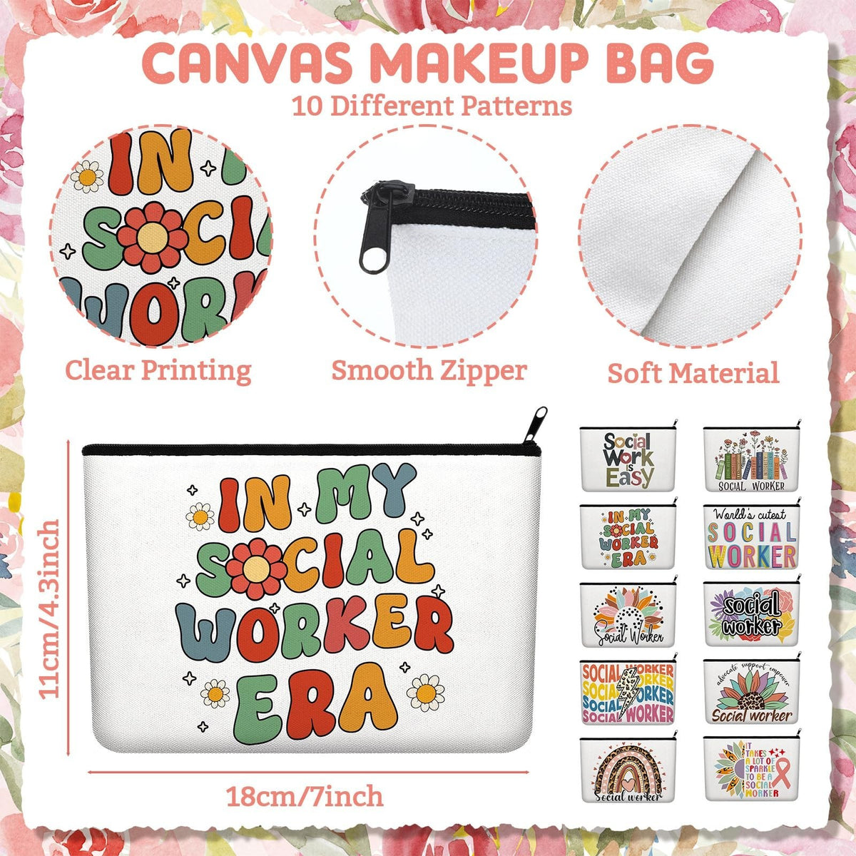 Social Worker Appreciation Gift Set - 10 Makeup & Travel Pouch Bags for Women