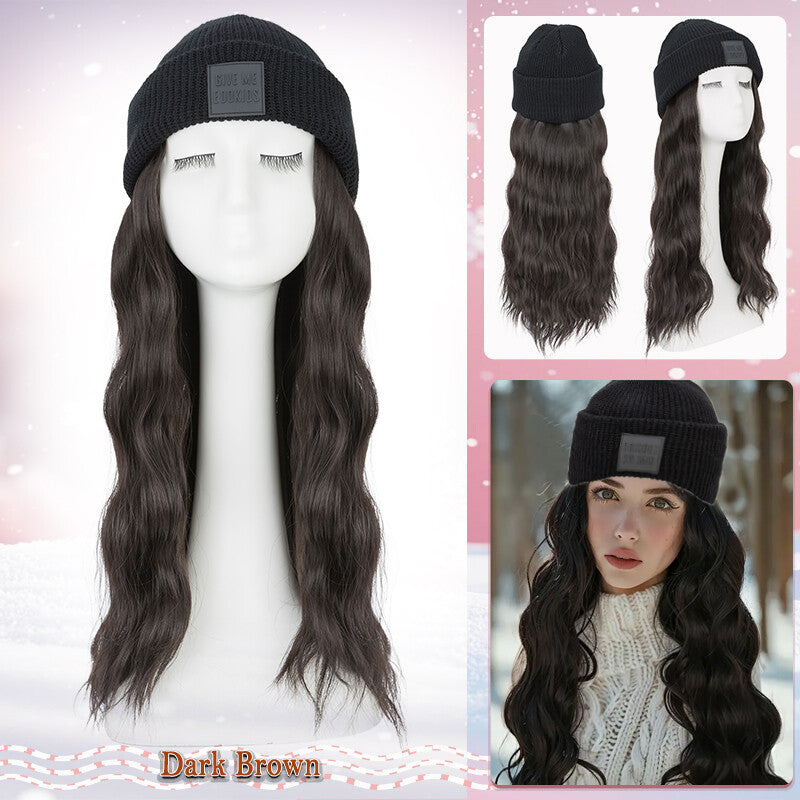 Unisex Wavy Long Hair Beret Cap with Synthetic Hair - Casual Hat Wig