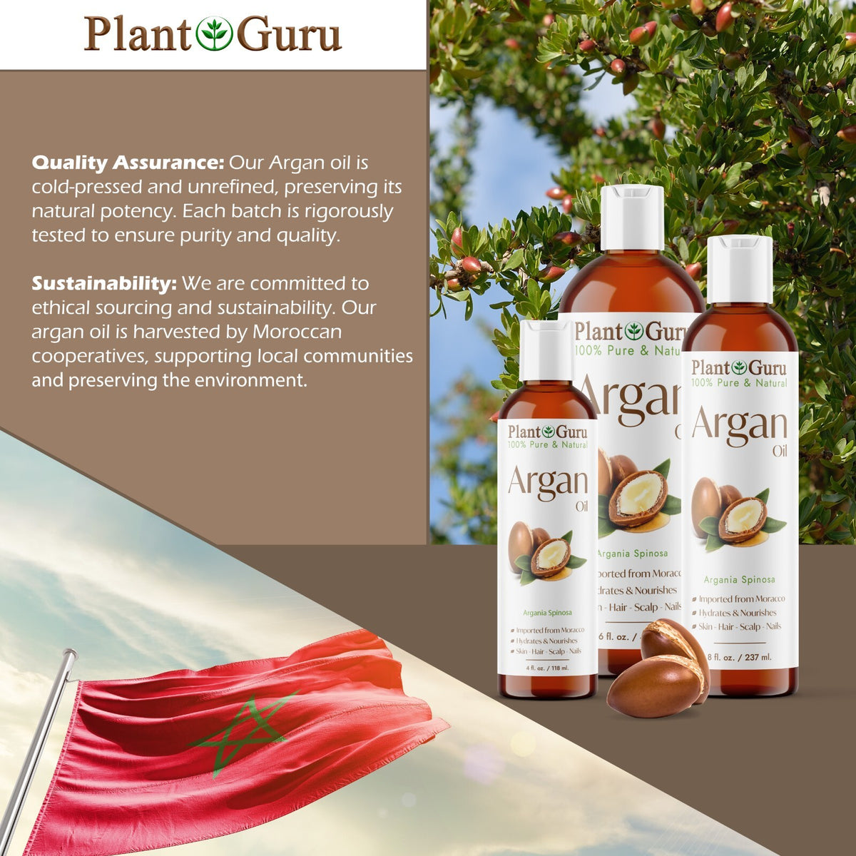Pure Argan Oil for Hair and Skin - 8 oz, Cold Pressed, Unrefined Moroccan Oil