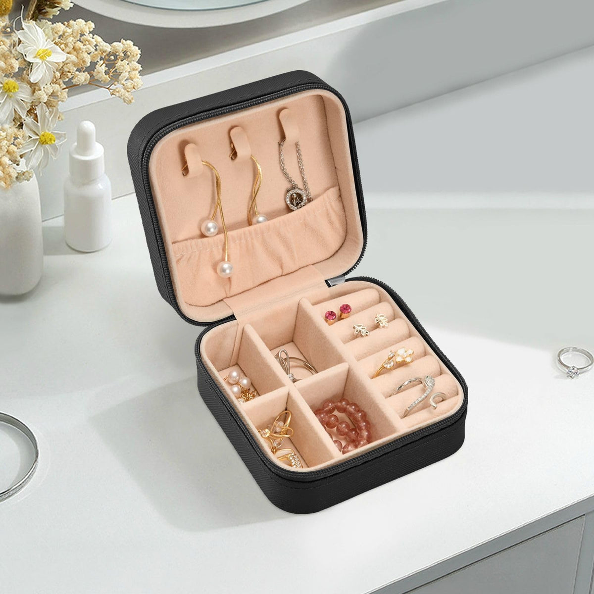 Mini Travel Jewelry Box with Cow Print, Compact Organizer for Earrings & Necklaces