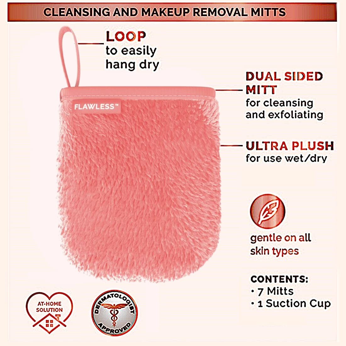 Facial Makeup Remover Mitt Set - Reusable Microfiber Cleansing Pads, 7 Pink Mitts