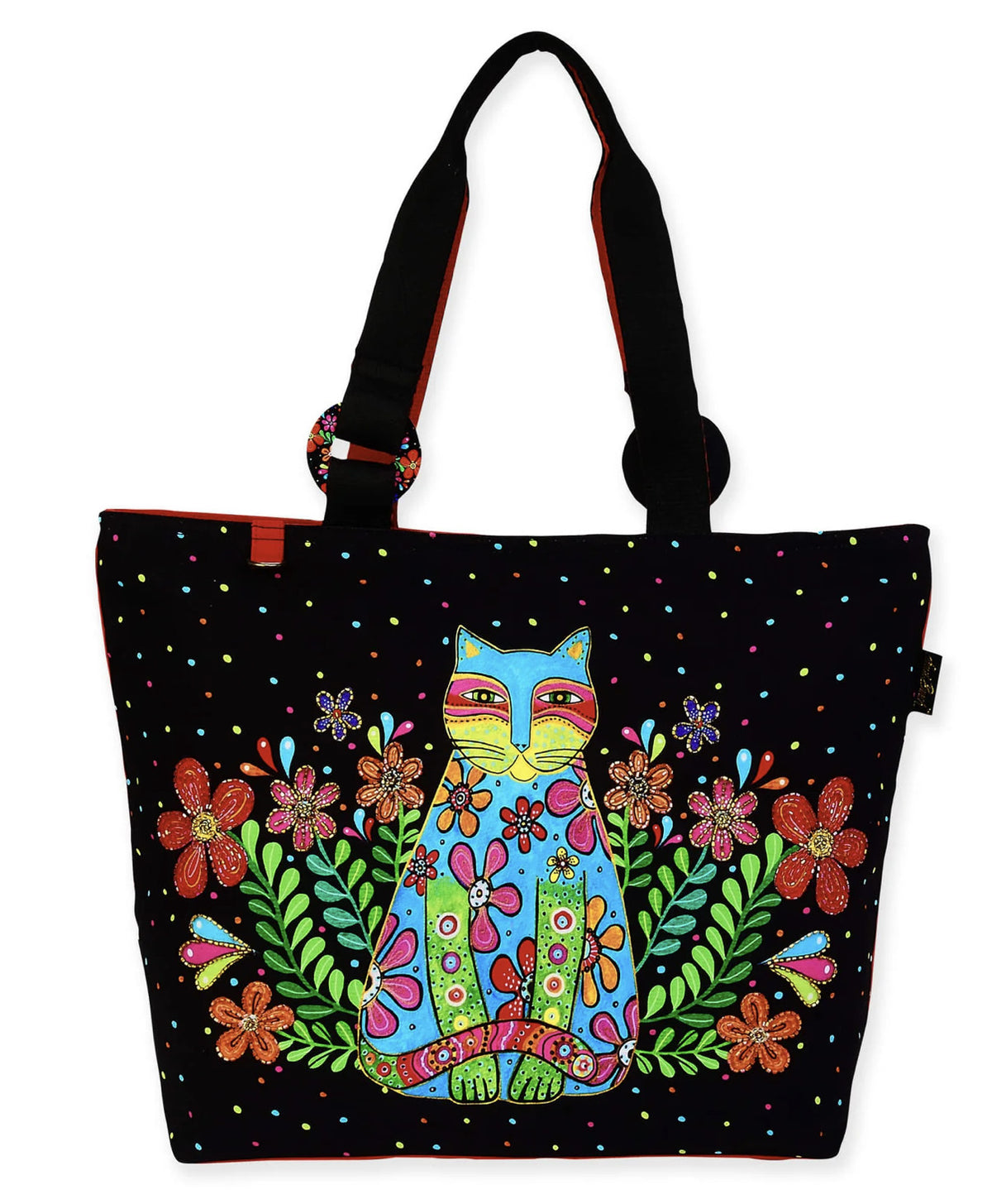 Large Canvas Tote Bag with Feline Artwork and Colorful Details