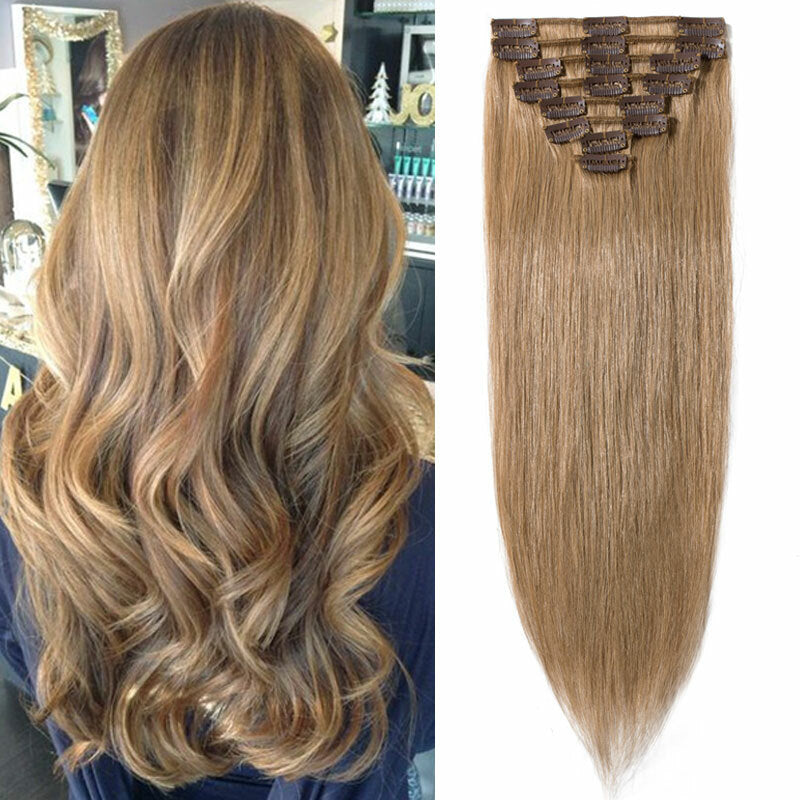 Clip-In Human Hair Extensions Full Head - Virgin Remy, Multiple Colors & Lengths