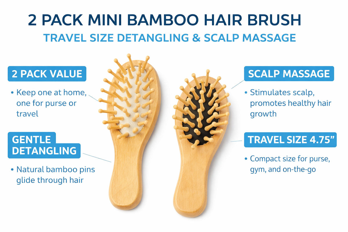 Mini Bamboo Hair Brushes 2-Pack Travel Detangling & Scalp Massage Tools