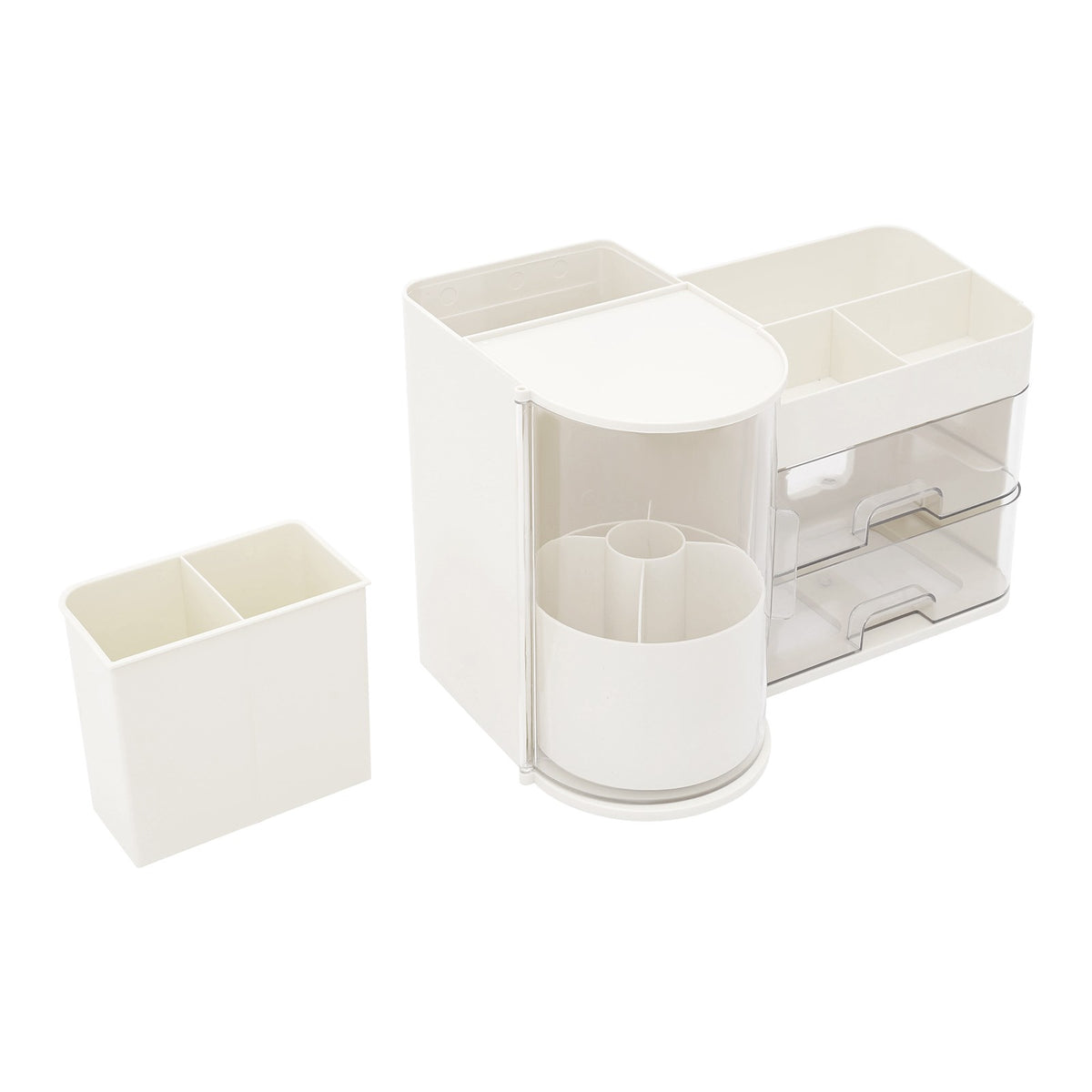 Rotating Makeup Organizer with Drawers and Brush Holder - White