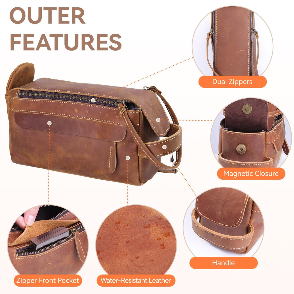 Full Grain Leather Travel Toiletry Bag - Water-Resistant Organizer for Men & Women
