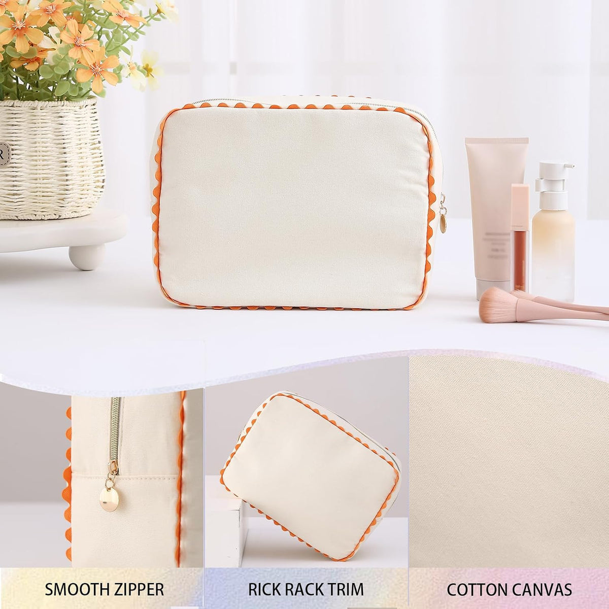 Canvas Makeup Bag for Women with Rainbow Rick Rack Trim, Cute Stripe Cosmetic Pouch