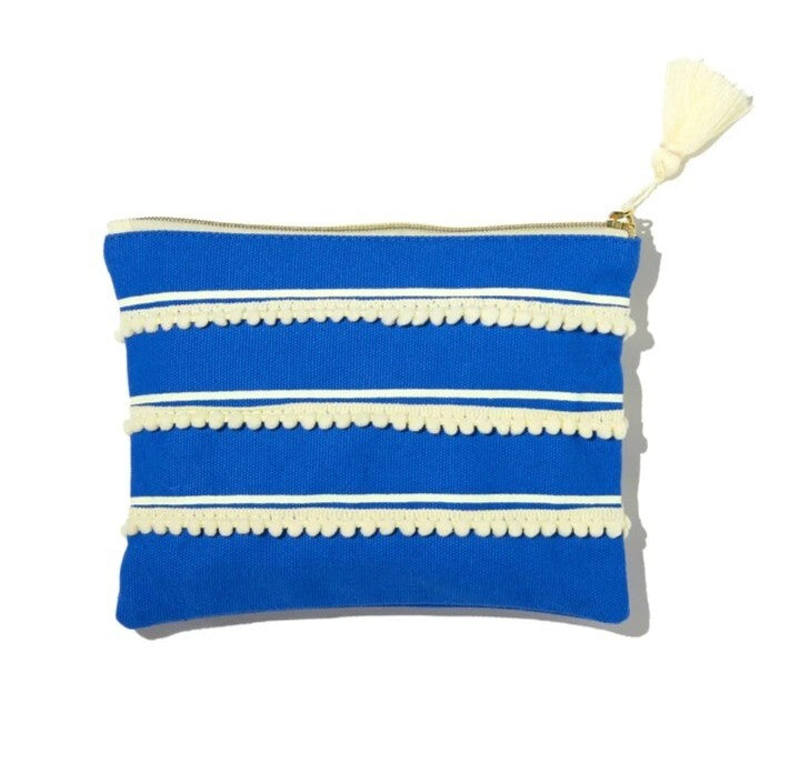 Blue & White Pom Pom Canvas Travel Accessory Pouch with Tassel