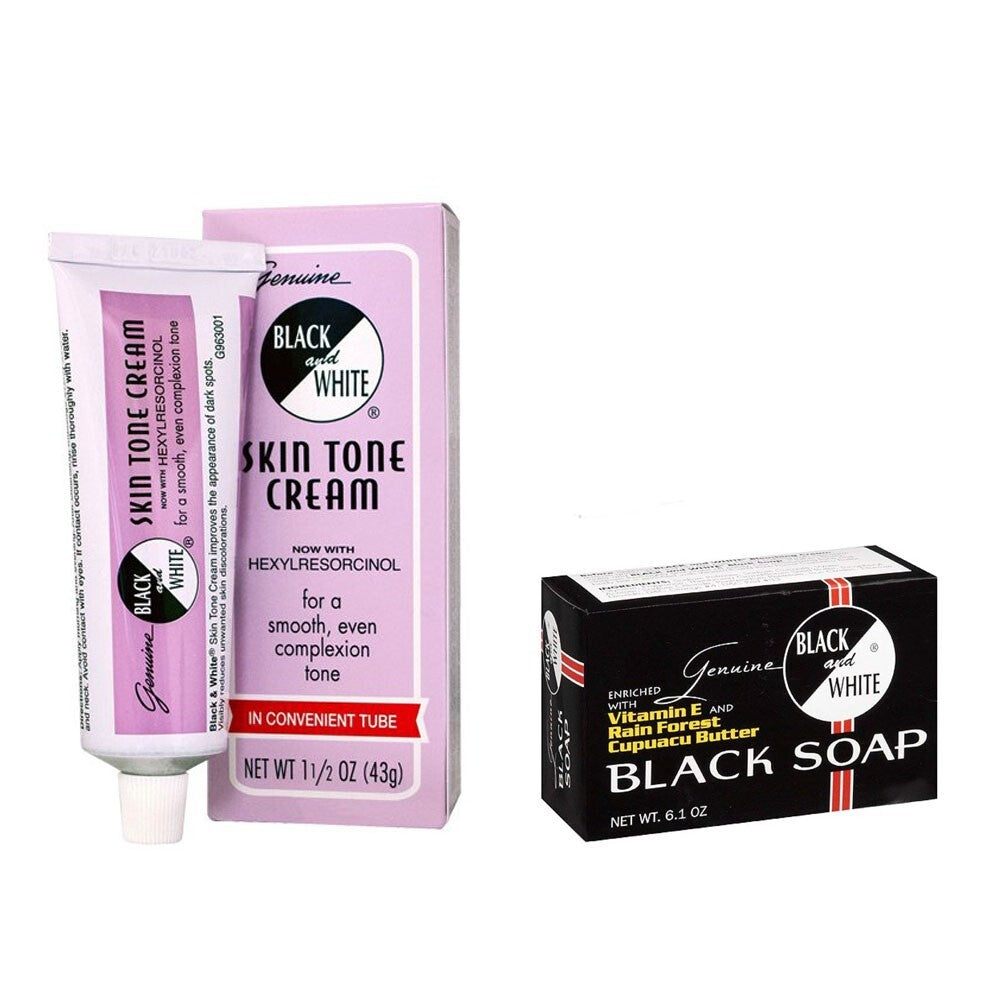 Black and White Skin Care Set - Black Soap 6.1oz & Tone Cream 1.5oz for Even Skin Tone