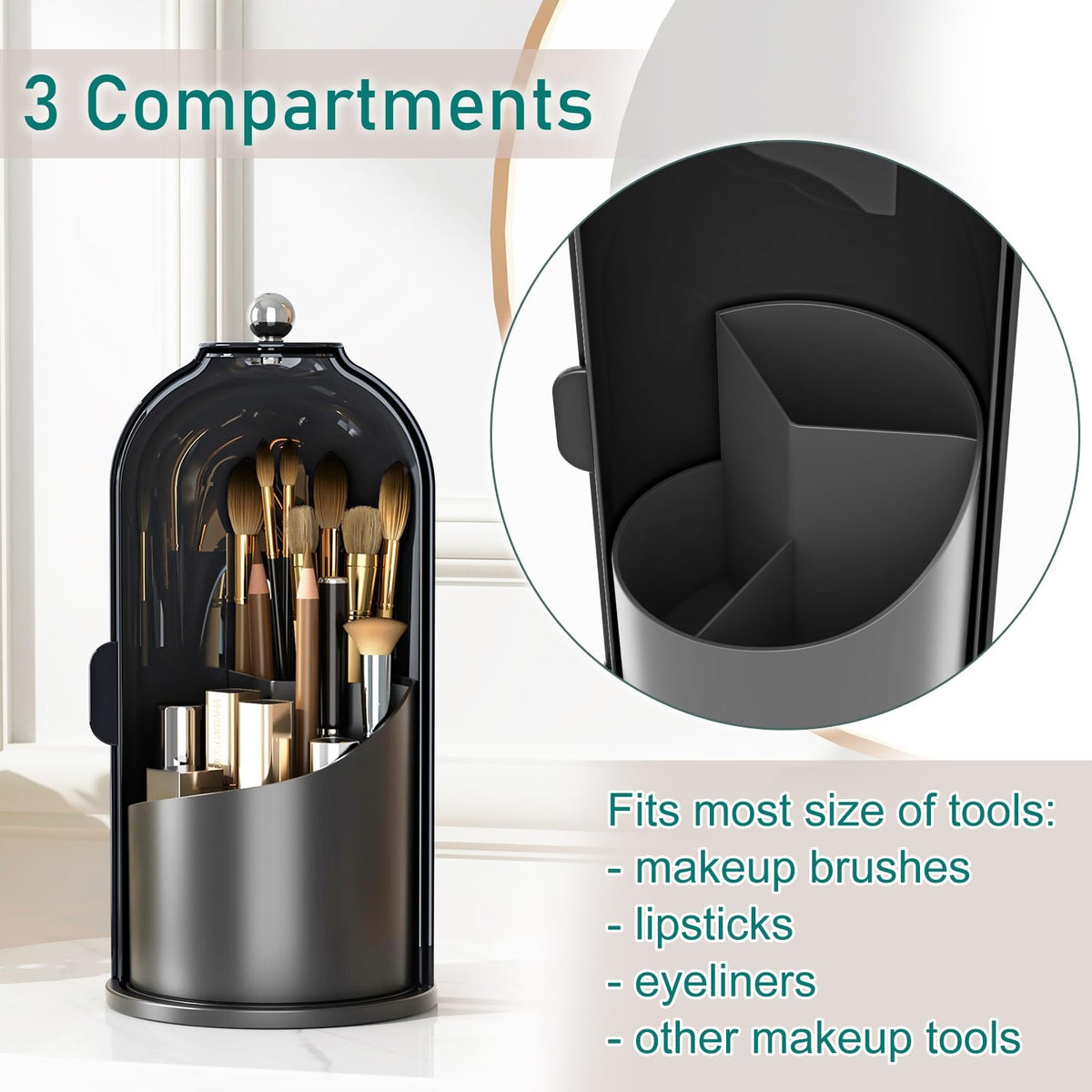 Rotating Makeup Brush Organizer with Lid - Black Cosmetic Storage Caddy