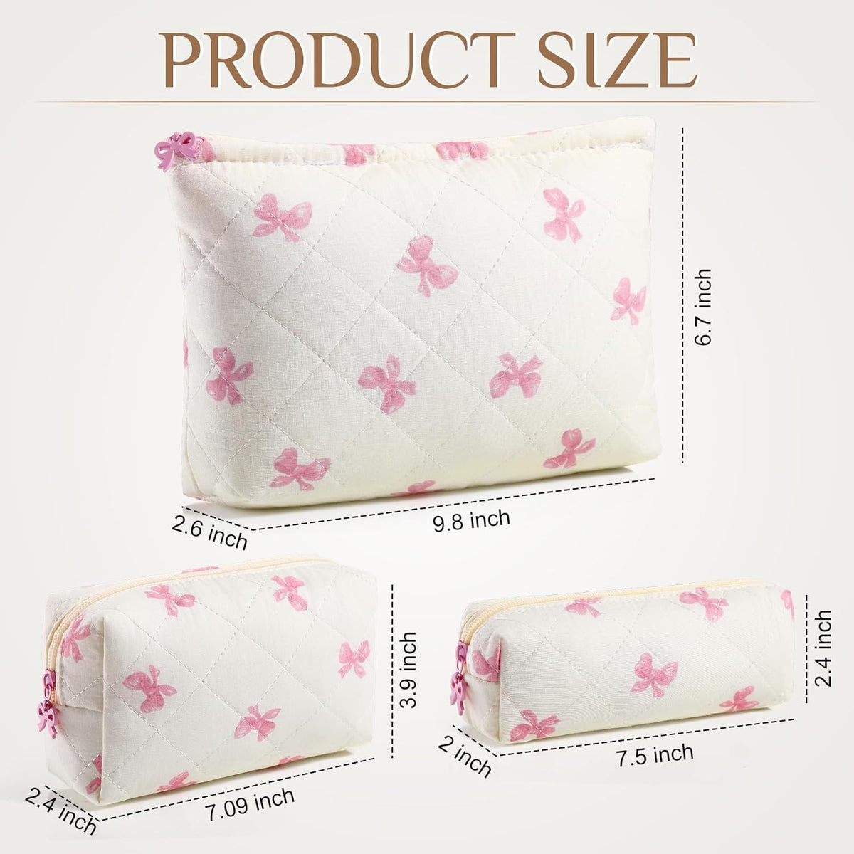 3-Piece Quilted Cotton Makeup Bag Set with Floral & Bow Design, Travel Cosmetic Organizer