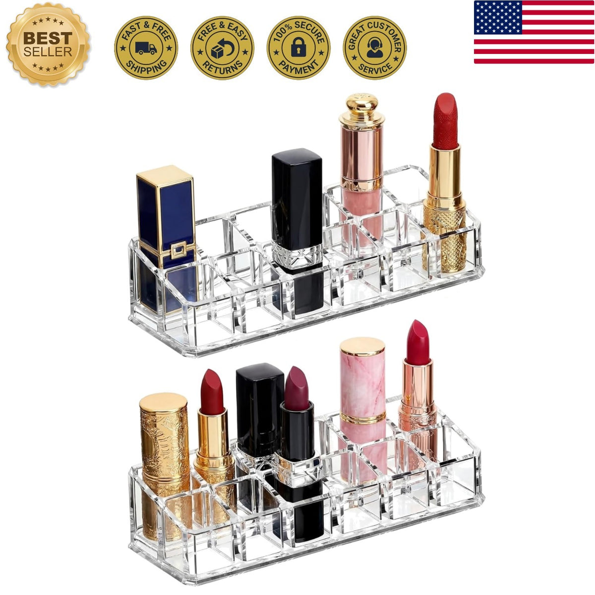 2 Pack Clear Acrylic Lipstick Organizer with 12 Slots for Makeup Storage