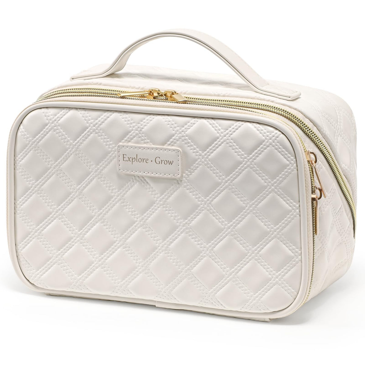 Large Quilted Travel Makeup Bag for Women - PU Leather Organizer, Cream