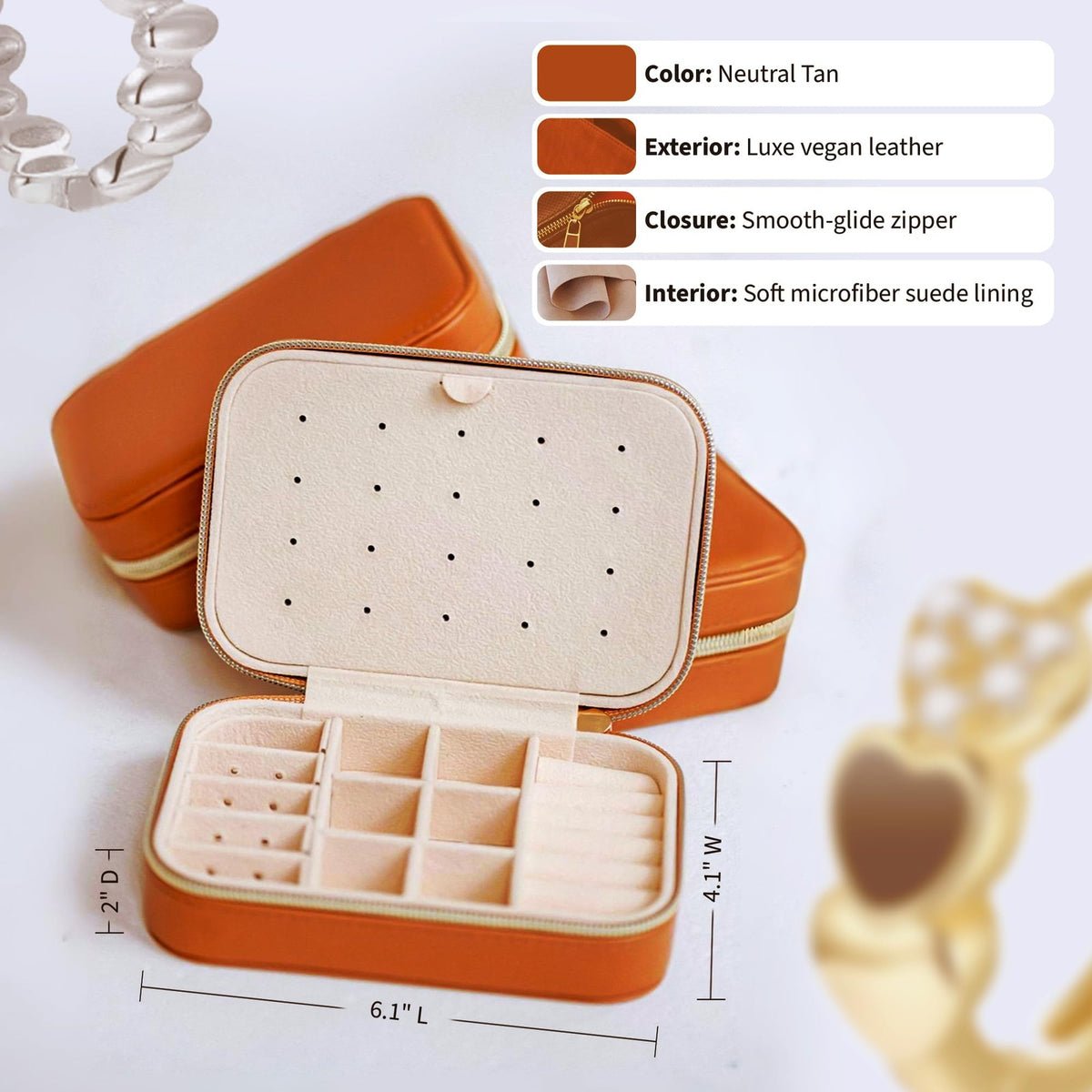 Travel Jewelry Organizer Case for Women - Small Tan PU Leather Jewelry Box