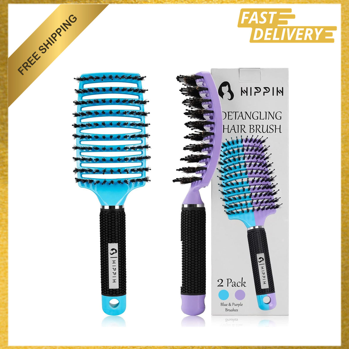 Boar Bristle Hair Brush Set of 2 for Detangling and Smoothing - Wet & Dry Hair