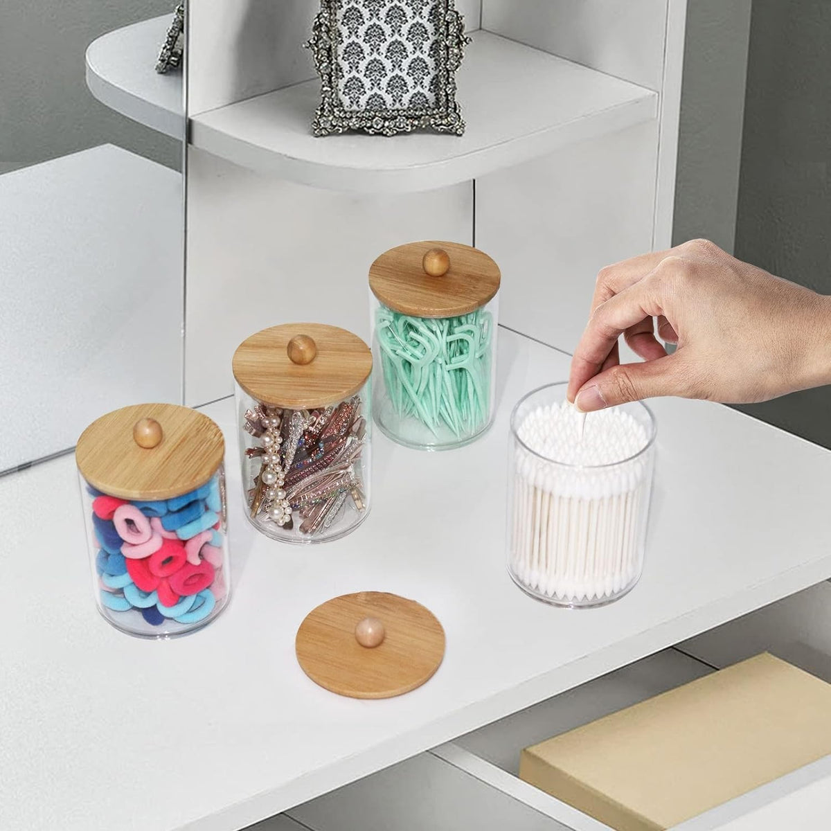 10 Oz Clear Bathroom Apothecary Jar Set with Wooden Lids - 3 Pack