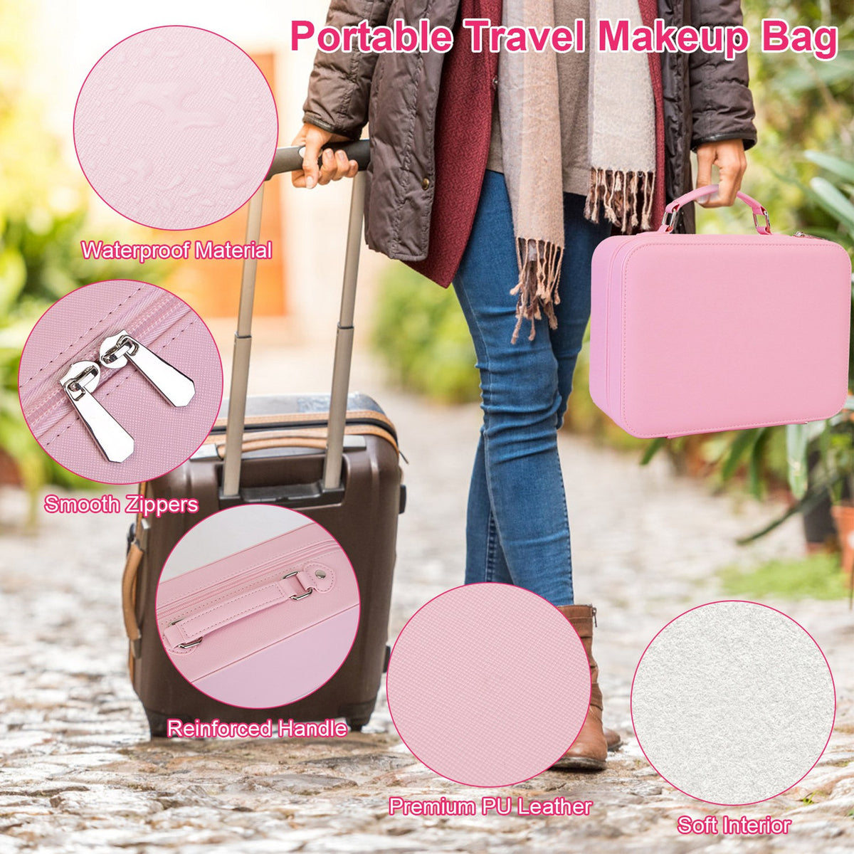 Pink Travel Makeup Bag with LED Lighted Mirror - 3 Brightness Settings