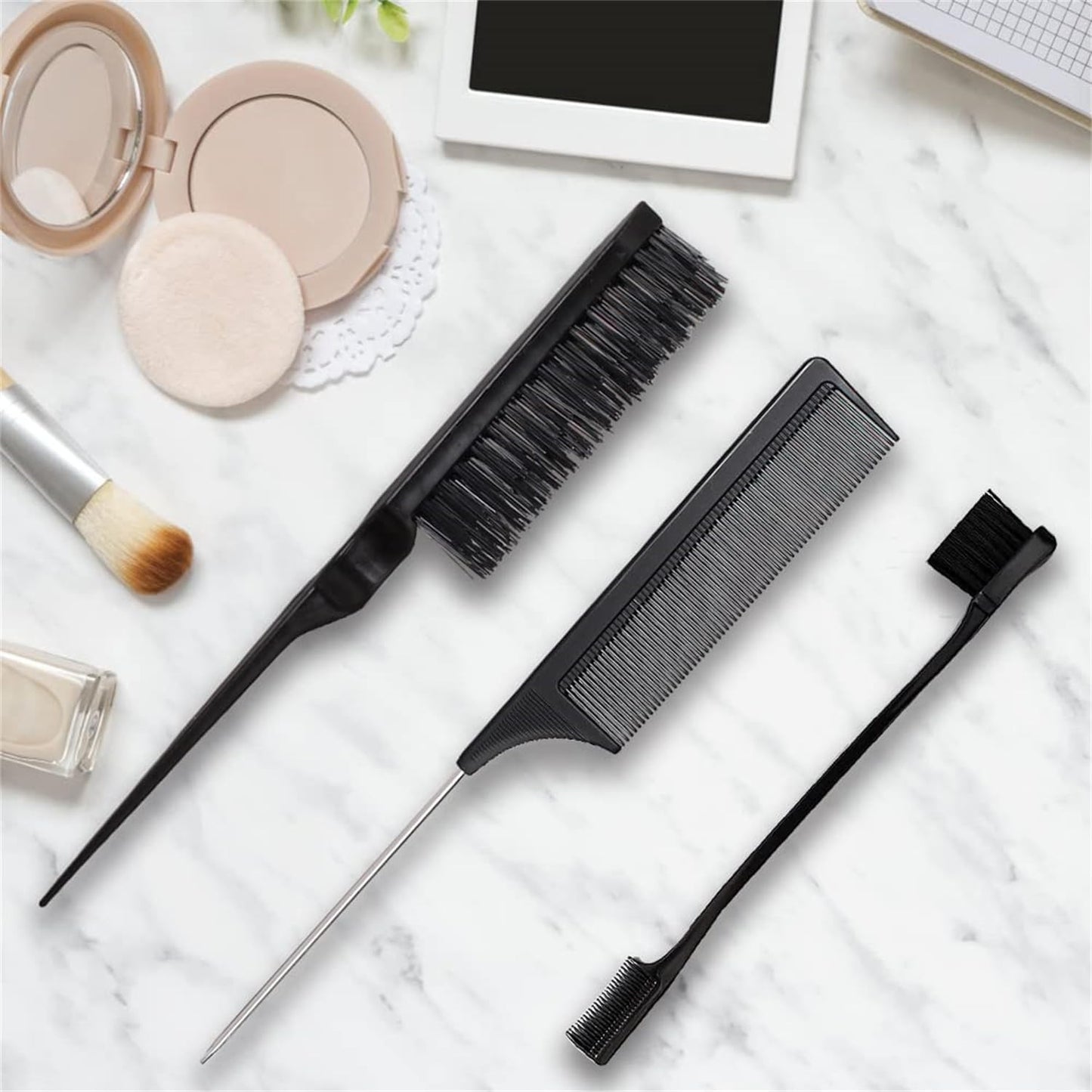 Black Comb Set with Hair Brush, Wide-Tooth Comb & Pick - Styling Kit