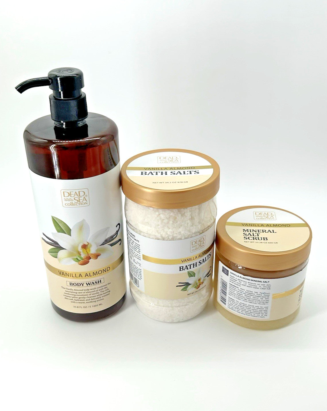 Dead Sea Vanilla Almond Body Wash (33.8 oz), Salts (34.2) Scrub