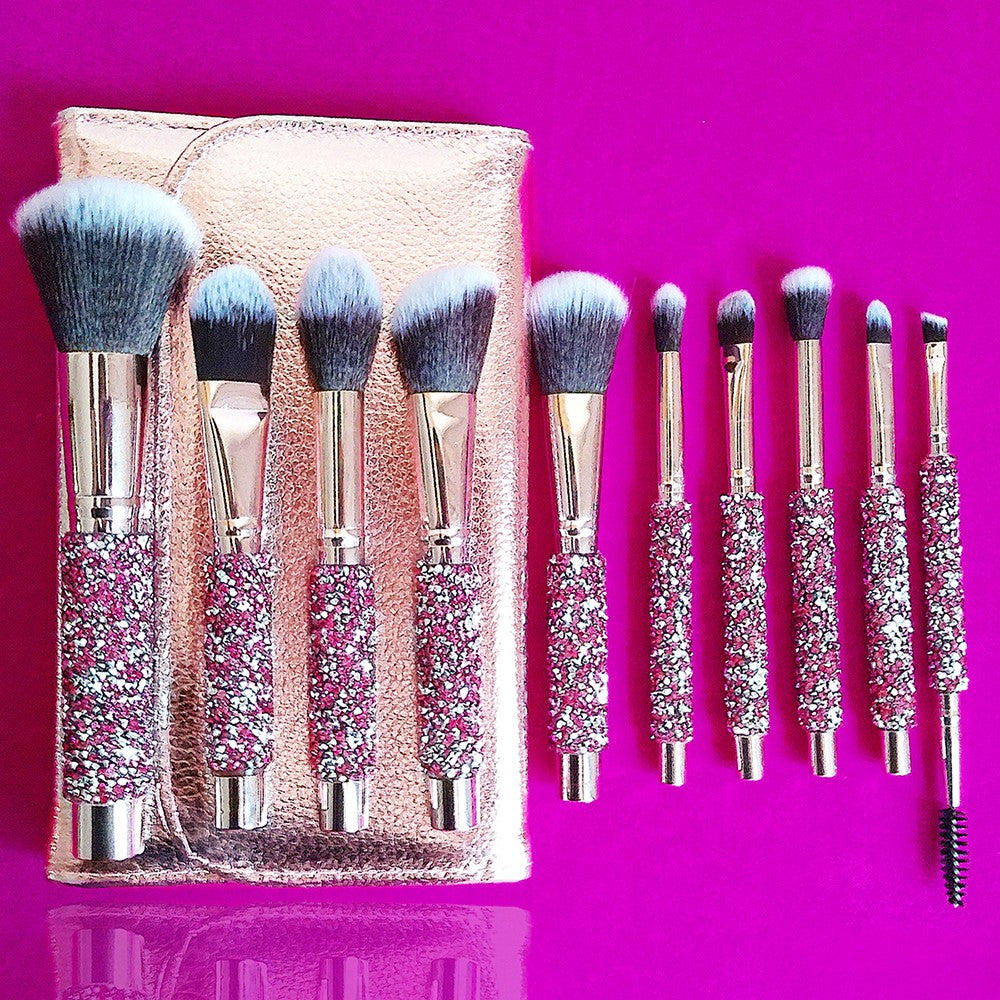 Pink Diamond Inlaid Handmade Makeup Brush Set - 10-in-1 Cosmetic Brushes with Bag