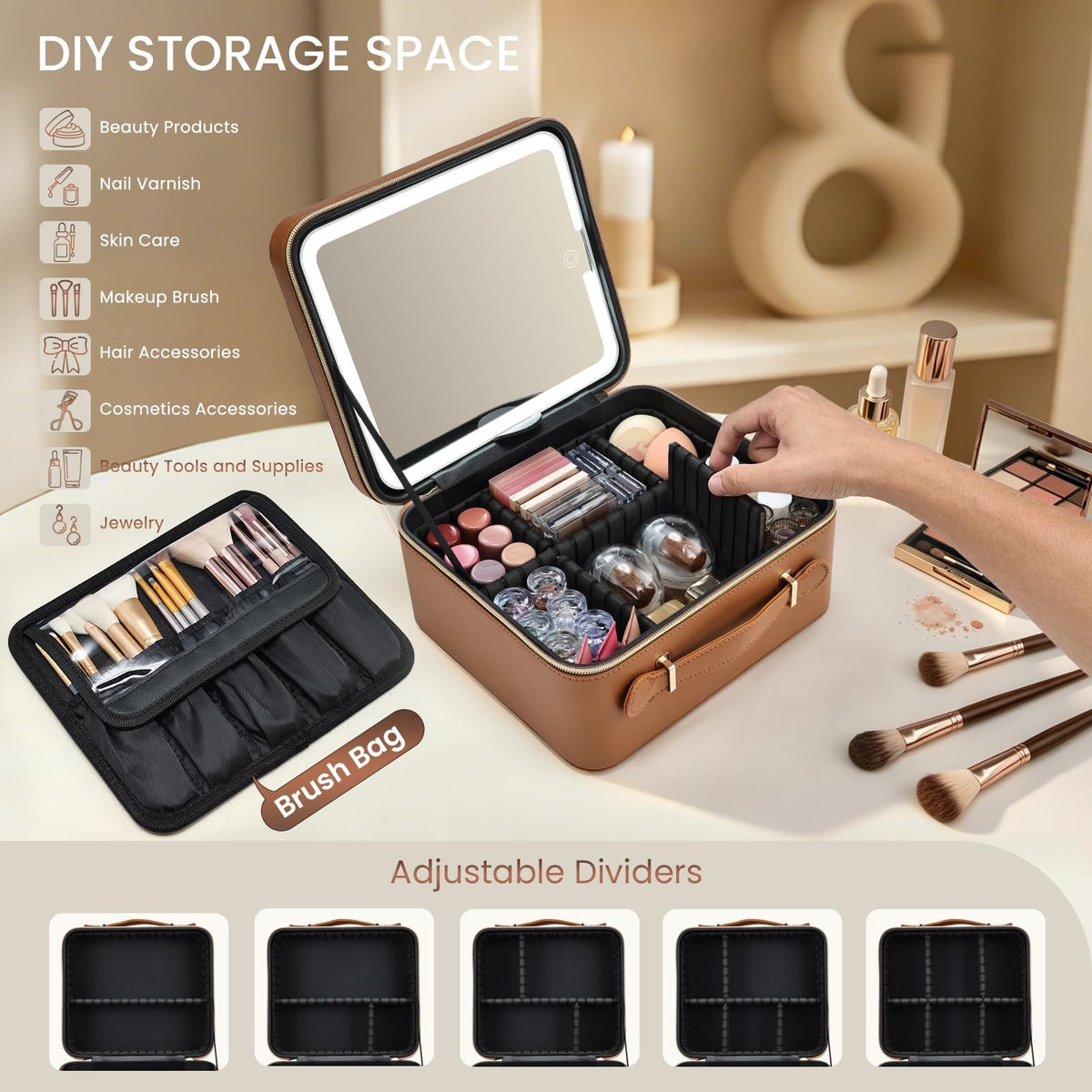 Travel Makeup Organizer Bag with LED Lighted Mirror - Waterproof Leather, 9.64 Inch